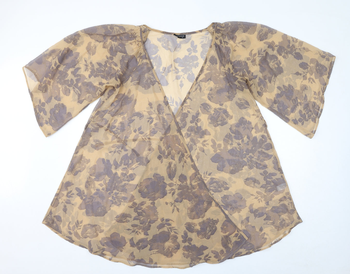 Topshop Womens Brown Floral Polyester Wrap Blouse Size 14 V-Neck - Sheer