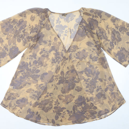 Topshop Womens Brown Floral Polyester Wrap Blouse Size 14 V-Neck - Sheer
