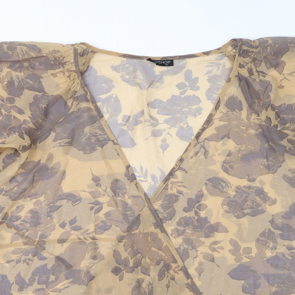 Topshop Womens Brown Floral Polyester Wrap Blouse Size 14 V-Neck - Sheer