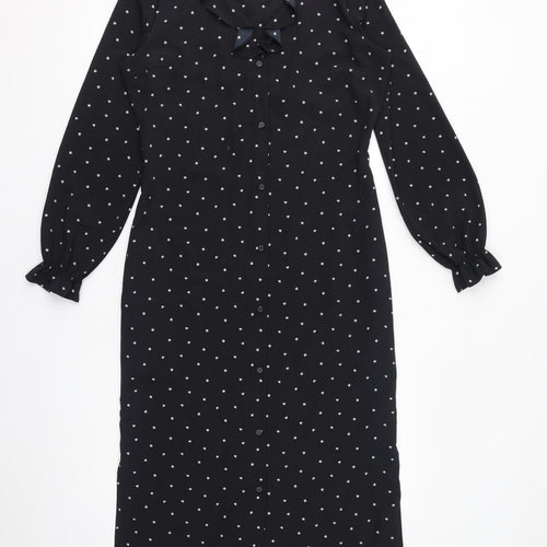 NEXT Womens Black Geometric Polyester Shirt Dress Size 8 V-Neck Button - Spades, Ruffles