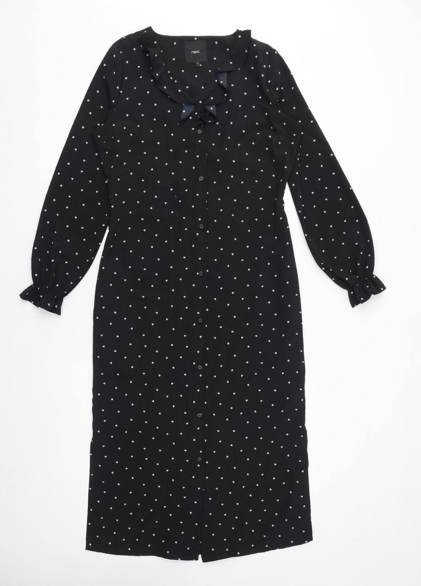 NEXT Womens Black Geometric Polyester Shirt Dress Size 8 V-Neck Button - Spades, Ruffles