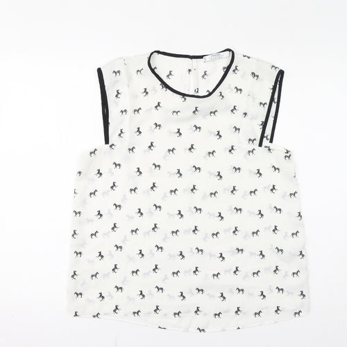 Mango Womens White Geometric Polyester Basic Tank Size M Round Neck - Zebras, Sheer