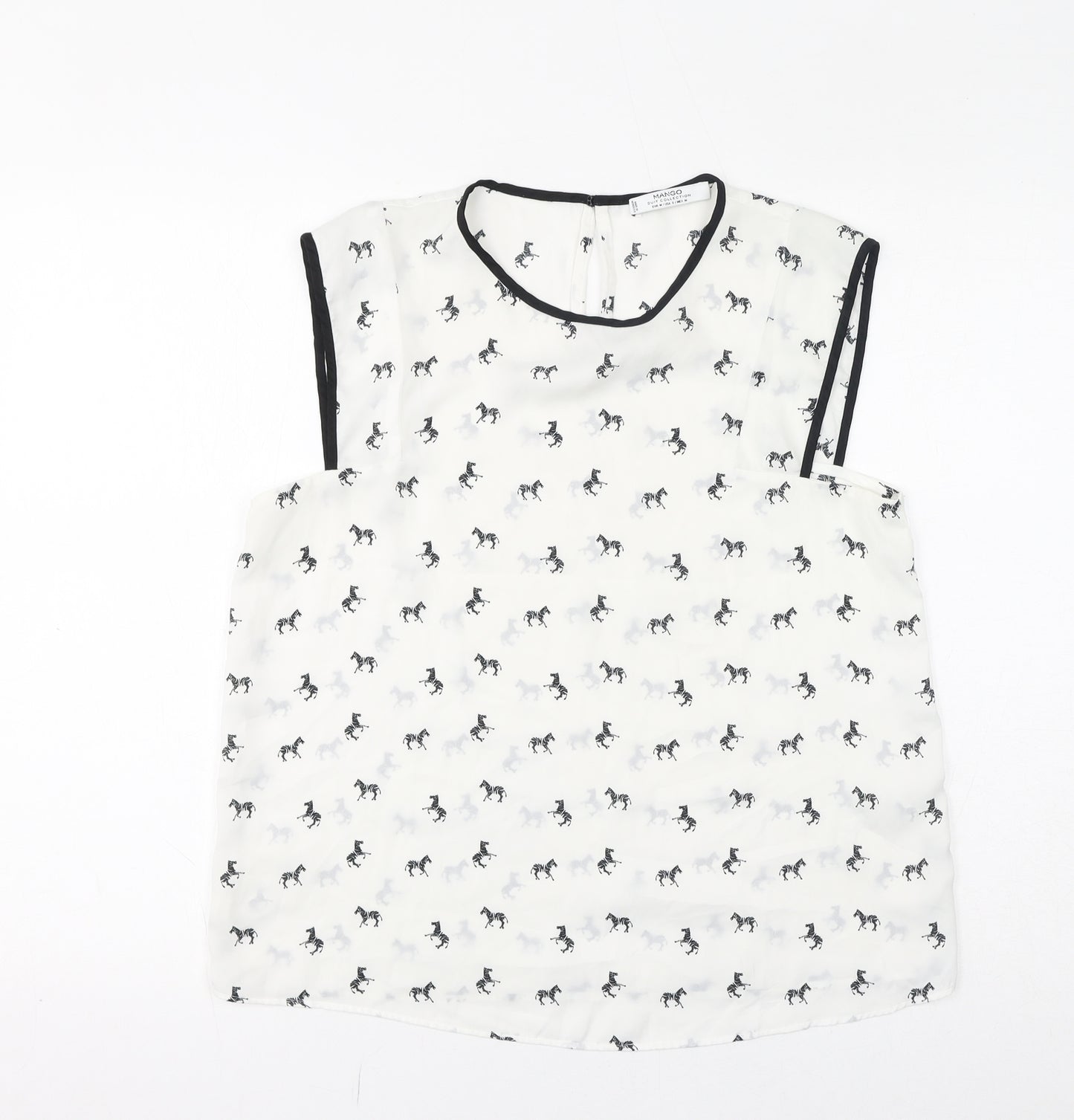 Mango Womens White Geometric Polyester Basic Tank Size M Round Neck - Zebras, Sheer