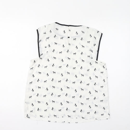 Mango Womens White Geometric Polyester Basic Tank Size M Round Neck - Zebras, Sheer