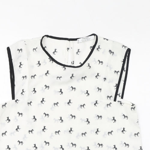 Mango Womens White Geometric Polyester Basic Tank Size M Round Neck - Zebras, Sheer