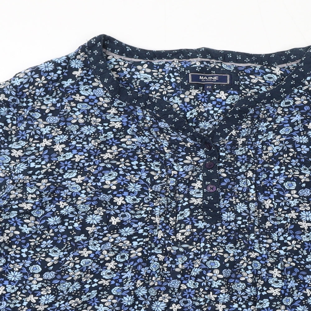 Maine New England Womens Blue Floral Viscose Basic Blouse Size 22 V-Neck