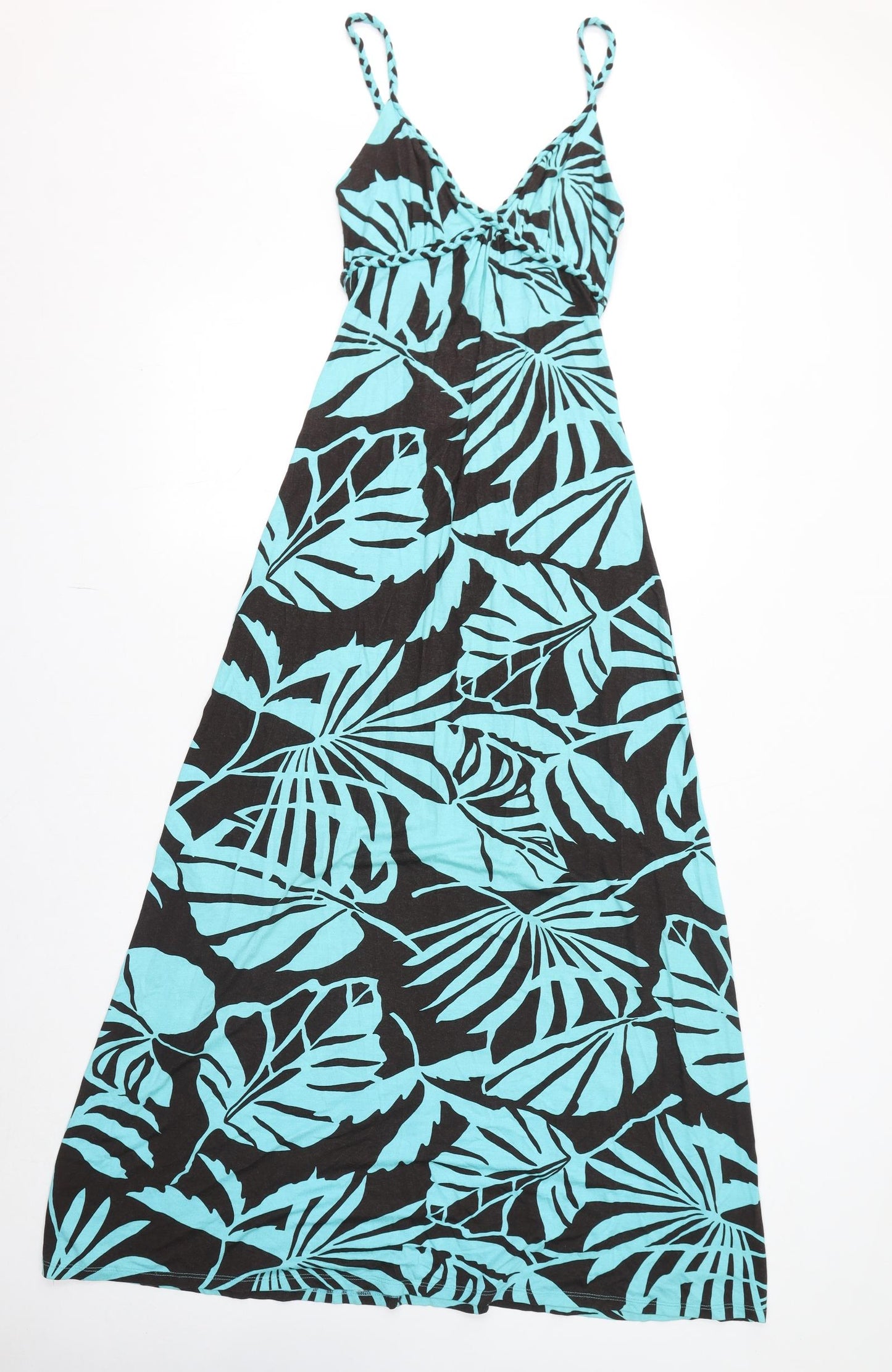 Jane Norman Womens Blue Geometric Viscose Maxi Size 10 V-Neck Pullover - Leaves Print