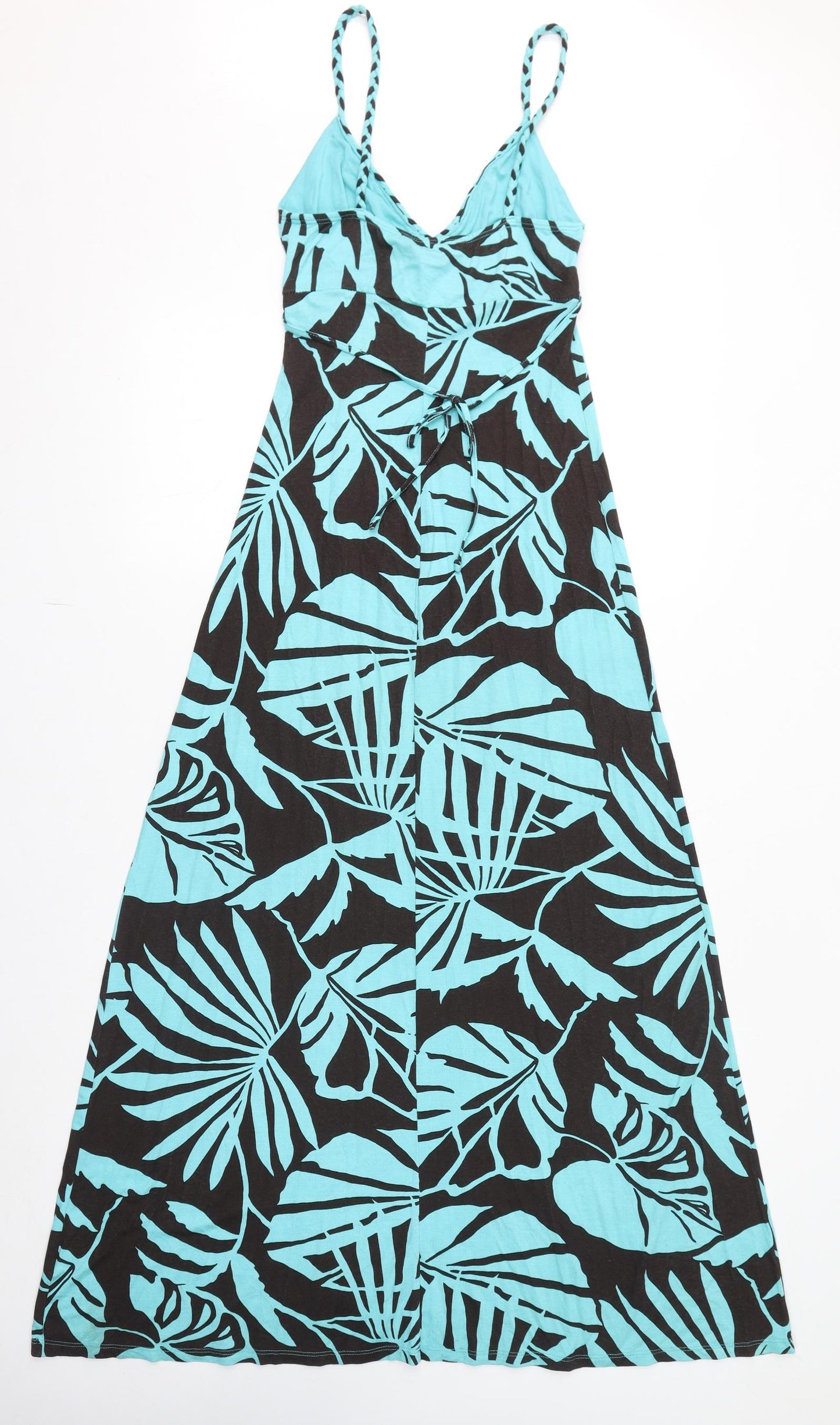 Jane Norman Womens Blue Geometric Viscose Maxi Size 10 V-Neck Pullover - Leaves Print