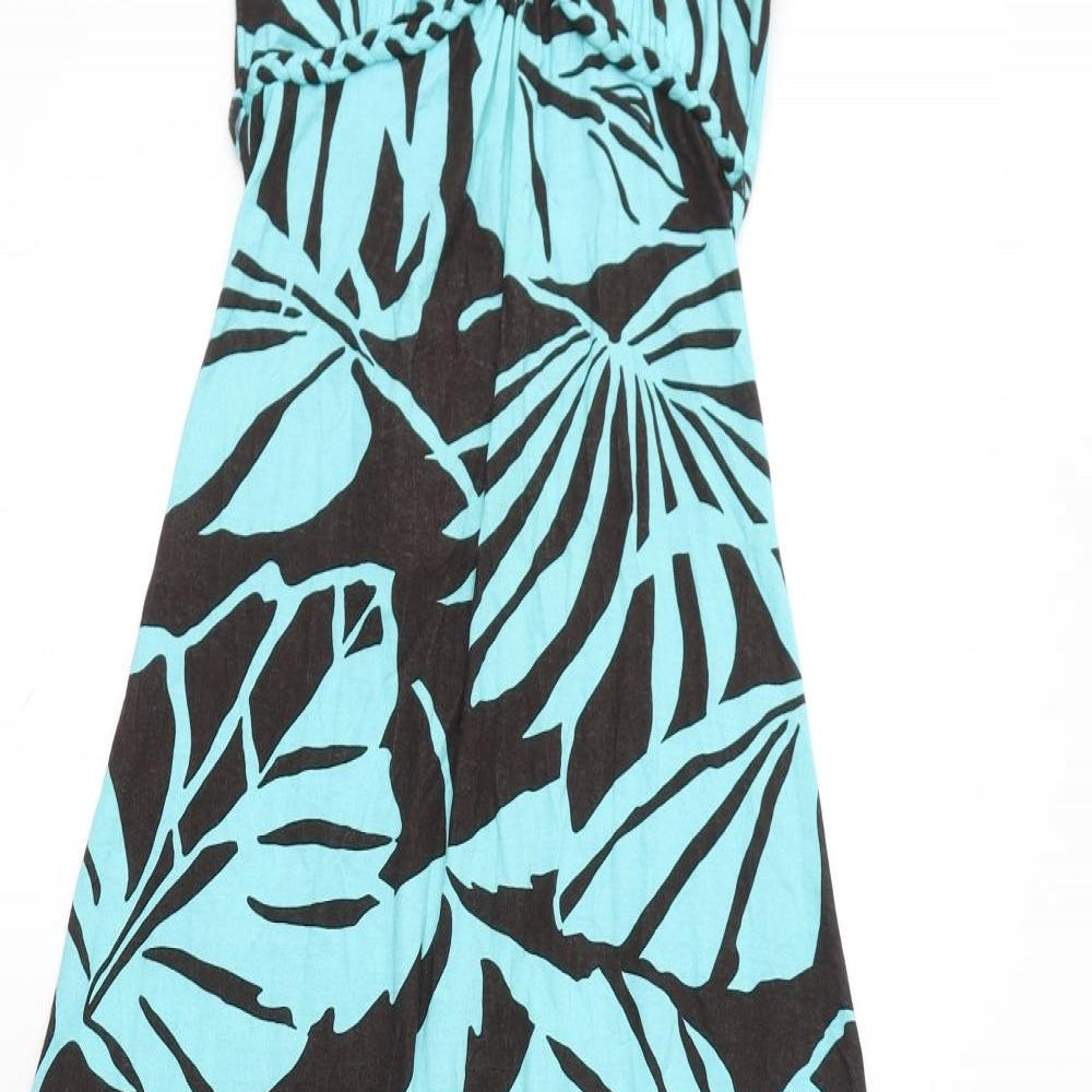 Jane Norman Womens Blue Geometric Viscose Maxi Size 10 V-Neck Pullover - Leaves Print