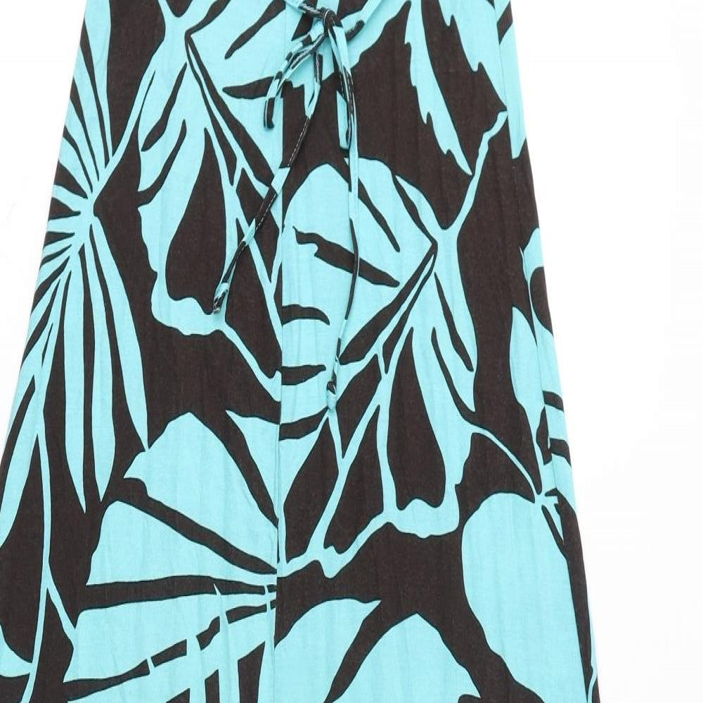 Jane Norman Womens Blue Geometric Viscose Maxi Size 10 V-Neck Pullover - Leaves Print