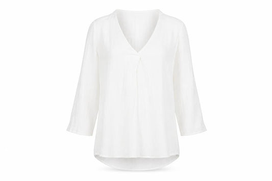 Front view of Stradivarius women’s white polyester basic blouse, size XS, v-neck