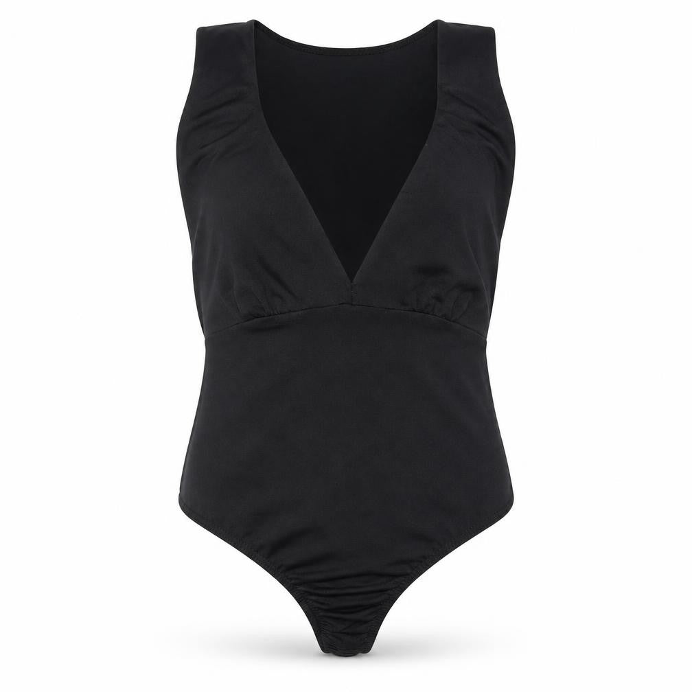 Front view of PRETTYLITTLETHING women’s black polyester bodysuit one-piece, size UK 8, button