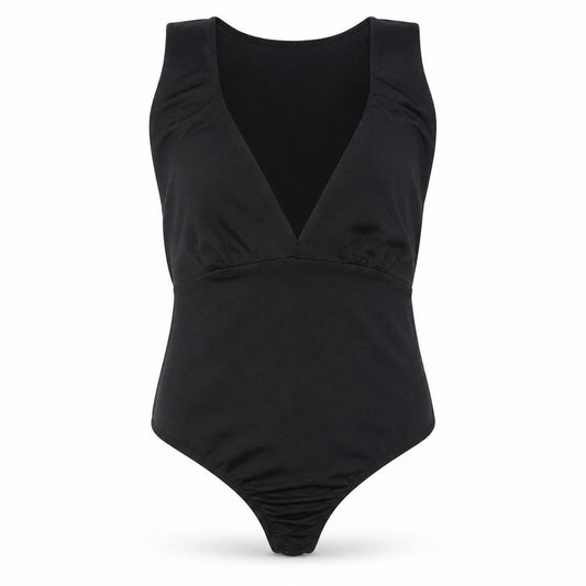 Front view of PRETTYLITTLETHING women’s black polyester bodysuit one-piece, size UK 8, button