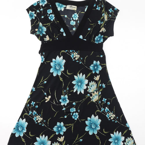 too true Womens Black Floral Polyester A-Line Size M V-Neck Pullover - Size M-L, Belted