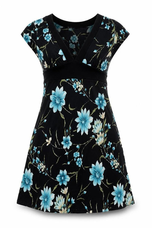 Front view of too true women’s black floral polyester a-line, size M, v-neck pullover -, size M-l, belted