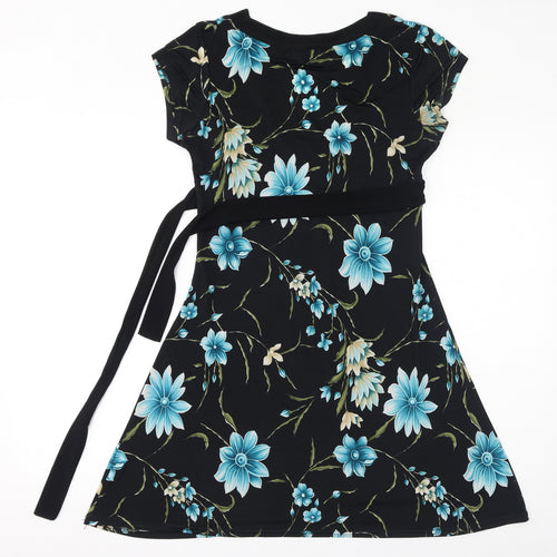 too true Womens Black Floral Polyester A-Line Size M V-Neck Pullover - Size M-L, Belted