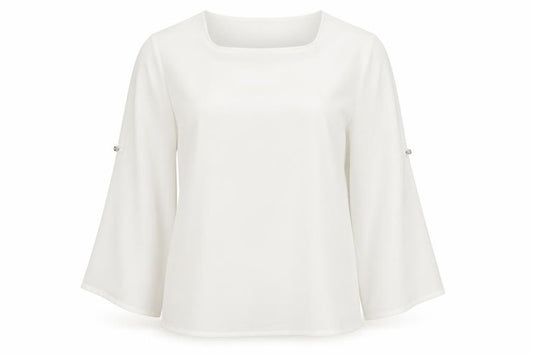 Front view of DMSA women’s white polyester basic blouse, size M, round neck - sheer