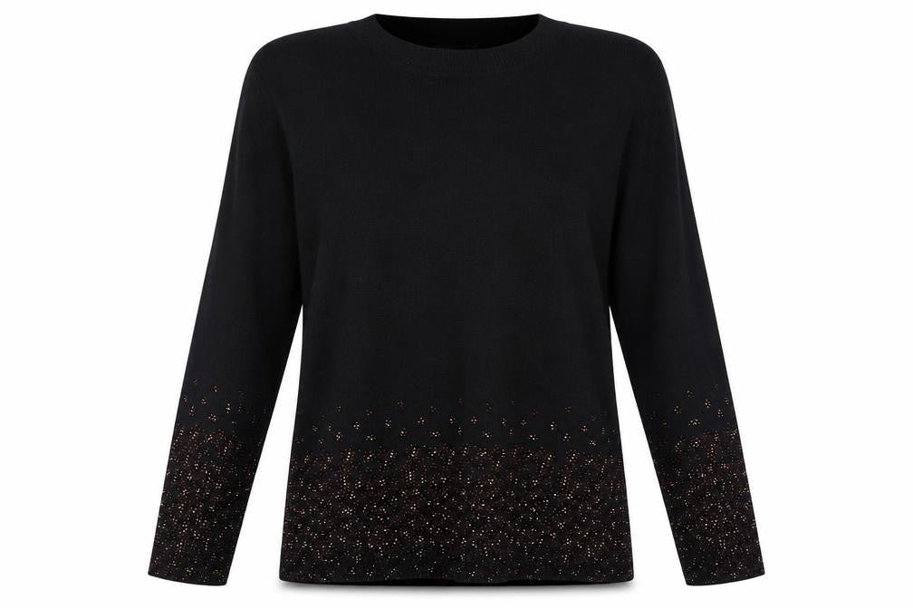 Front view of Paramour women’s black crew neck viscose jumper, size S, -, size S-m, studded