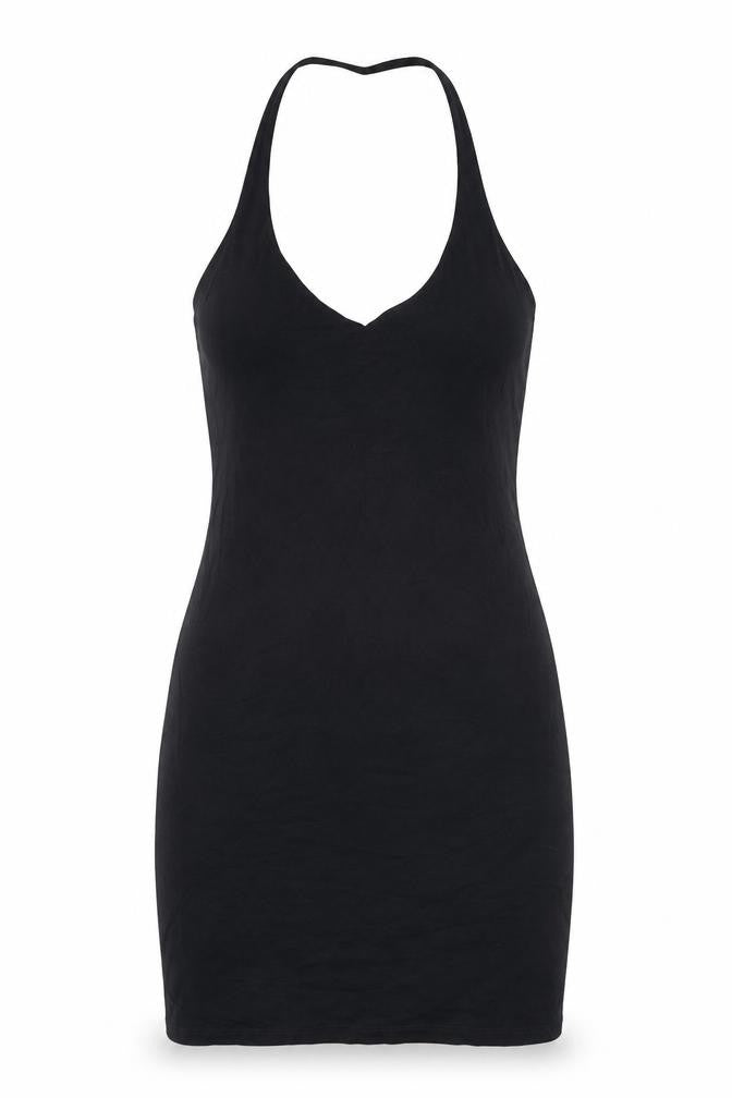Front view of Divided by H&M women’s black cotton bodycon, size M, halter pullover - open back