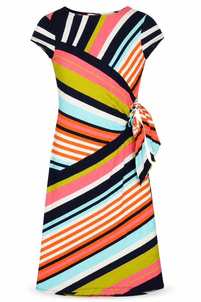 Front view of John Lewis women’s multicoloured striped viscose a-line, size UK 8, round neck pullover
