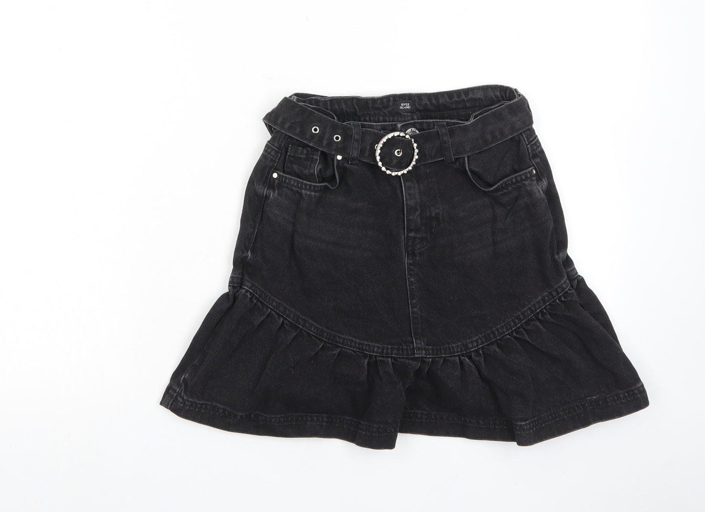 River Island Girls Black Cotton A-Line Skirt Size 10 Years Regular Zip - Pockets, Belt Loops, Belted, Pleated