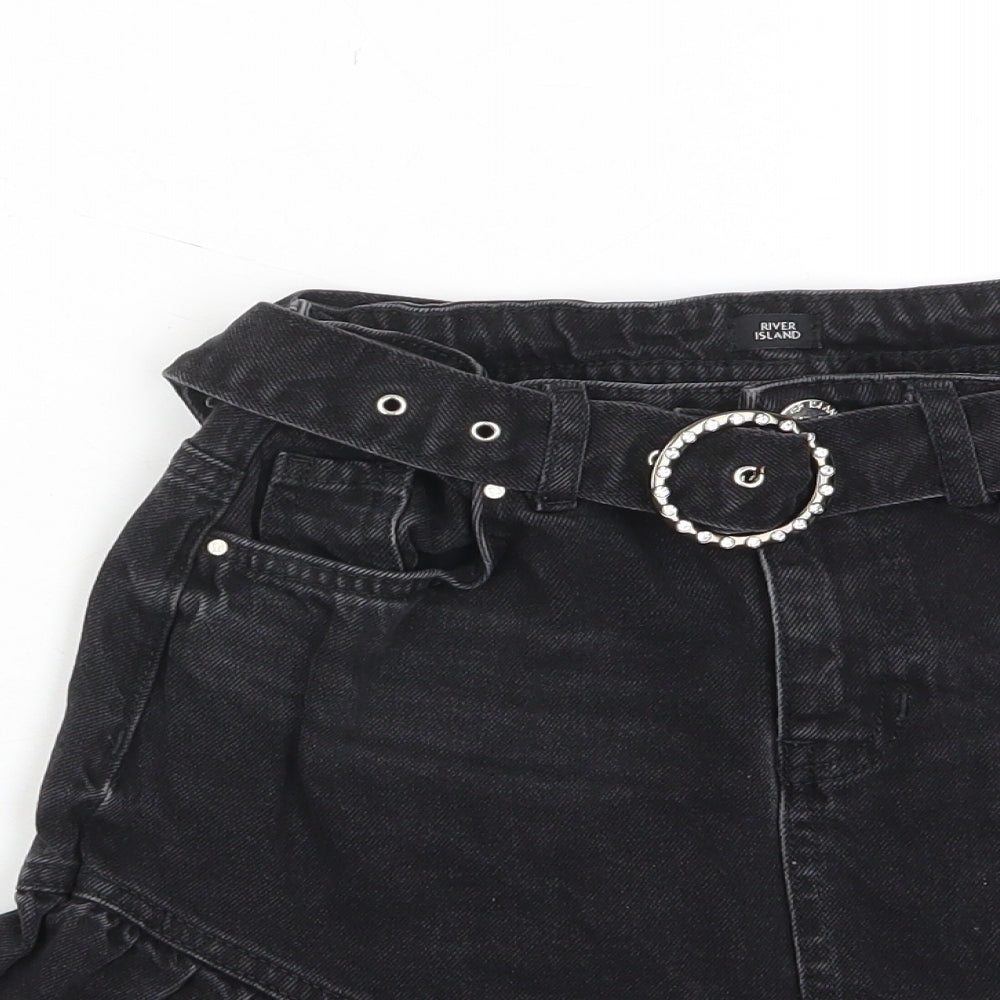 River Island Girls Black Cotton A-Line Skirt Size 10 Years Regular Zip - Pockets, Belt Loops, Belted, Pleated