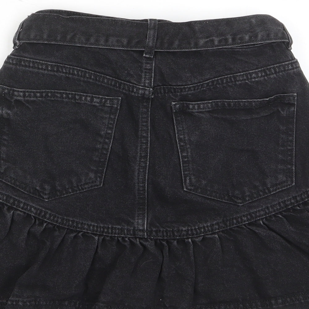 River Island Girls Black Cotton A-Line Skirt Size 10 Years Regular Zip - Pockets, Belt Loops, Belted, Pleated