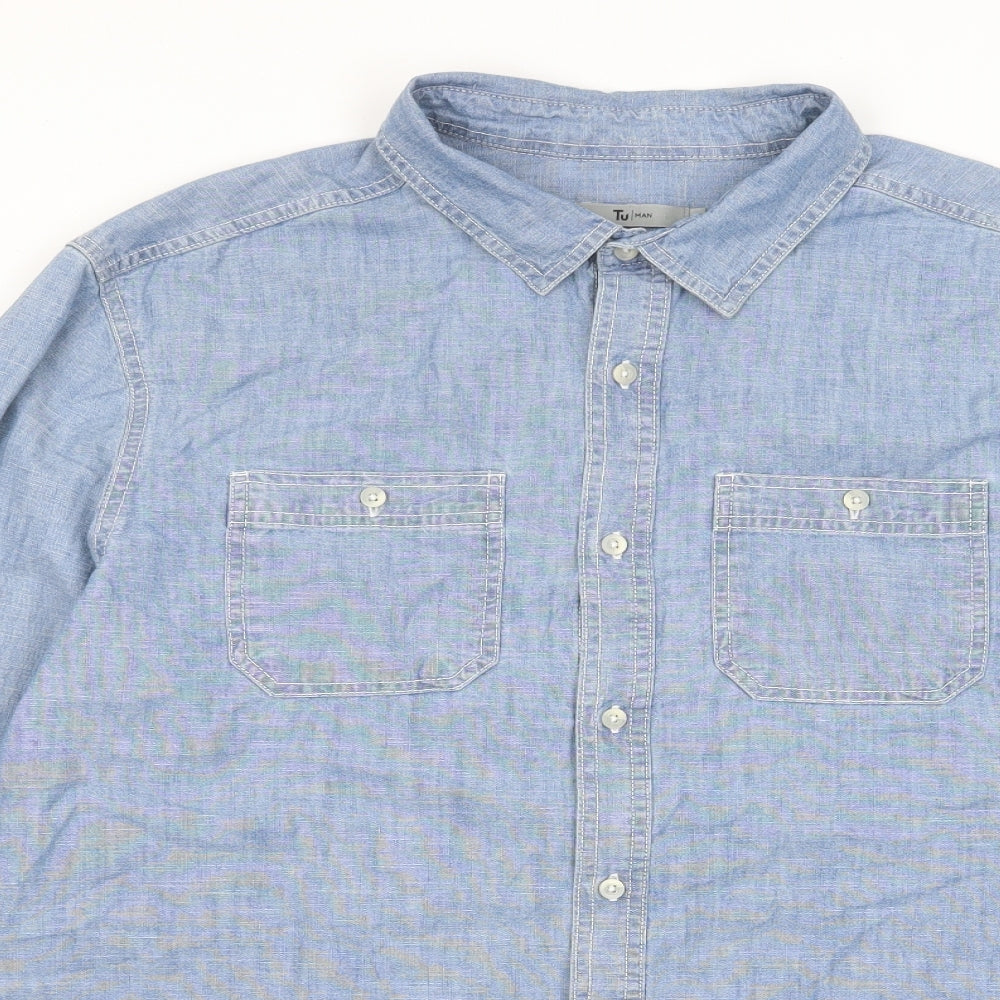 TU Mens Blue Cotton Button-Up Size L Collared Button - Pockets