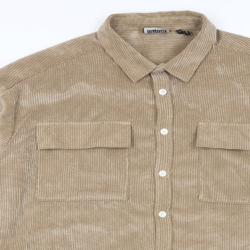 Reclaimed Vintage Mens Brown Polyester Button-Up Size XL Collared Button - Pockets
