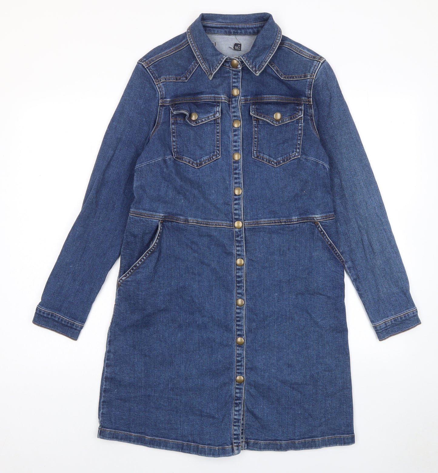 Marks and Spencer Womens Blue Cotton Shirt Dress Size 14 Collared Button - Pockets, Buttons