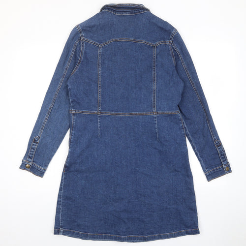 Marks and Spencer Womens Blue Cotton Shirt Dress Size 14 Collared Button - Pockets, Buttons