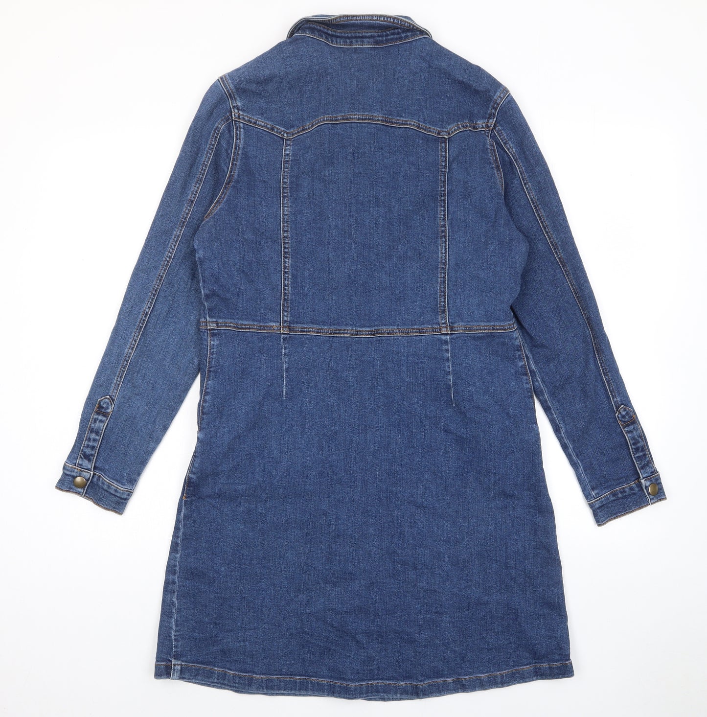 Marks and Spencer Womens Blue Cotton Shirt Dress Size 14 Collared Button - Pockets, Buttons
