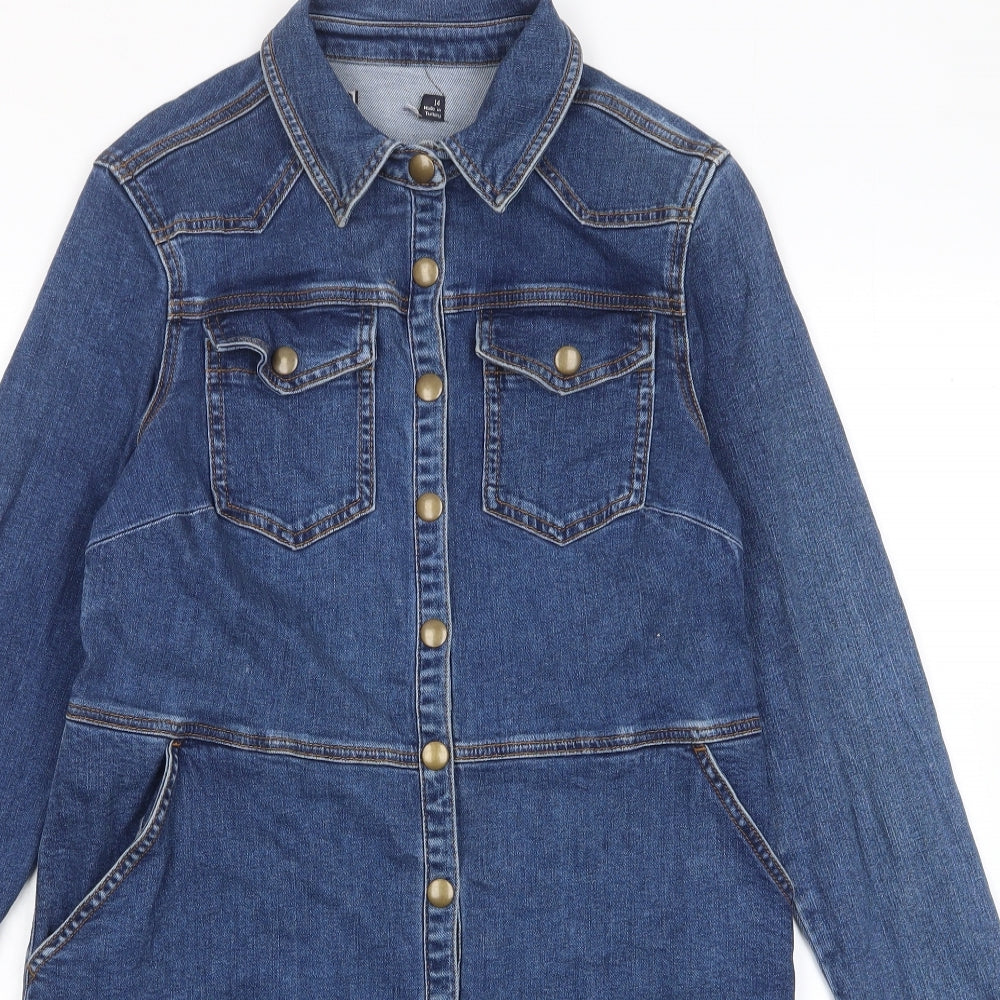 Marks and Spencer Womens Blue Cotton Shirt Dress Size 14 Collared Button - Pockets, Buttons