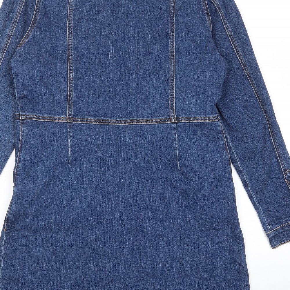 Marks and Spencer Womens Blue Cotton Shirt Dress Size 14 Collared Button - Pockets, Buttons
