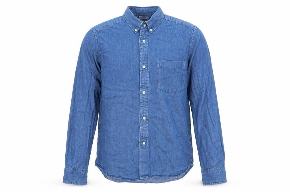 Front view of H&M men’s blue cotton button-up, size S, collared button - pocket