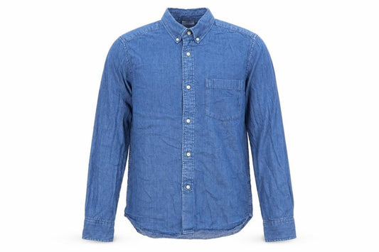 Front view of H&M men’s blue cotton button-up, size S, collared button - pocket