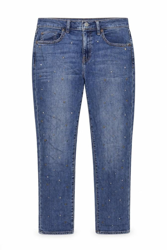 Front view of Gap women’s blue cotton capri jeans, size UK 30, in, 26-inch leg regular zip - pockets, belt loops, star, studs
