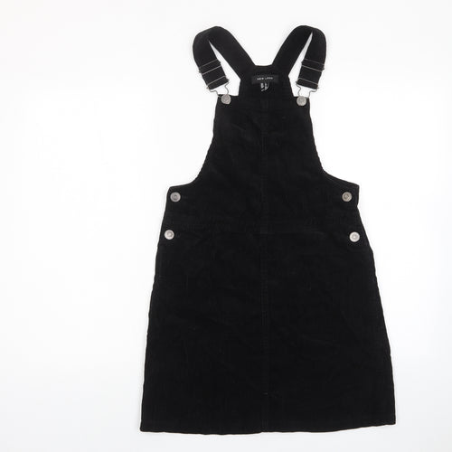 New Look Womens Black Cotton Pinafore/Dungaree Dress Size 6 Square Neck Button