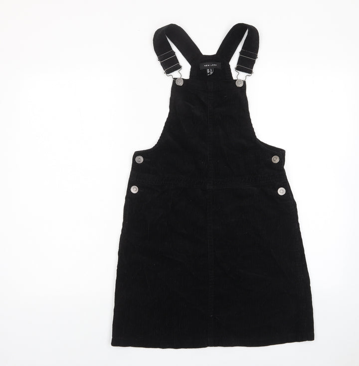 New Look Womens Black Cotton Pinafore/Dungaree Dress Size 6 Square Neck Button