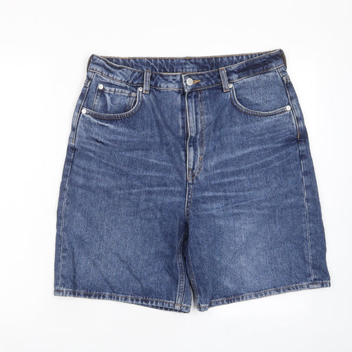 Weekday Womens Blue Cotton Boyfriend Shorts Size 31 in L8 in Regular Zip - Pockets, Logo