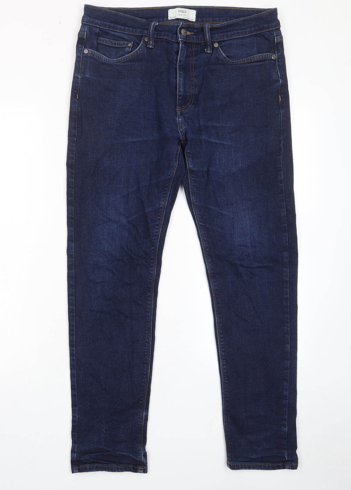 Marks and Spencer Mens Blue Cotton Straight Jeans Size 32 in L31 in Slim Zip - Pockets