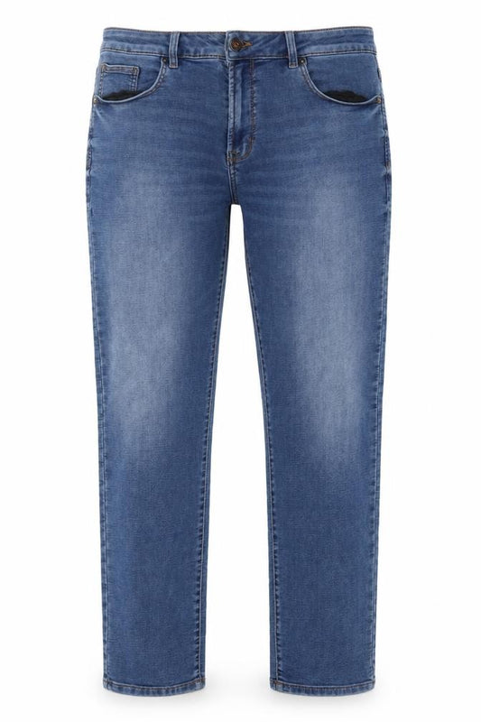 Front view of Next women’s blue cotton straight jeans, size UK 40, in, 31-inch leg slim zip - pockets