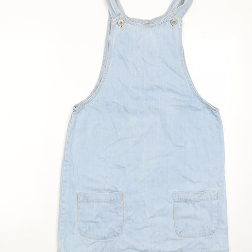Denim & Co. Womens Blue Cotton Pinafore/Dungaree Dress Size 12 Scoop Neck Button - Pocket