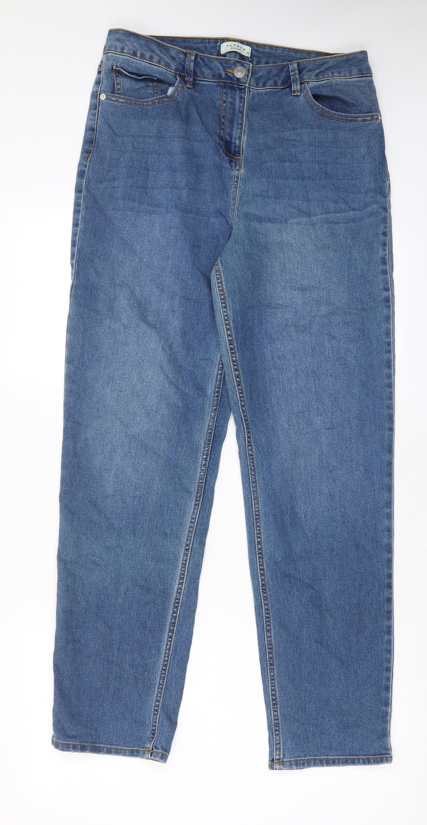 Papaya Womens Blue Cotton Straight Jeans Size 12 L30 in Regular Zip - Pockets