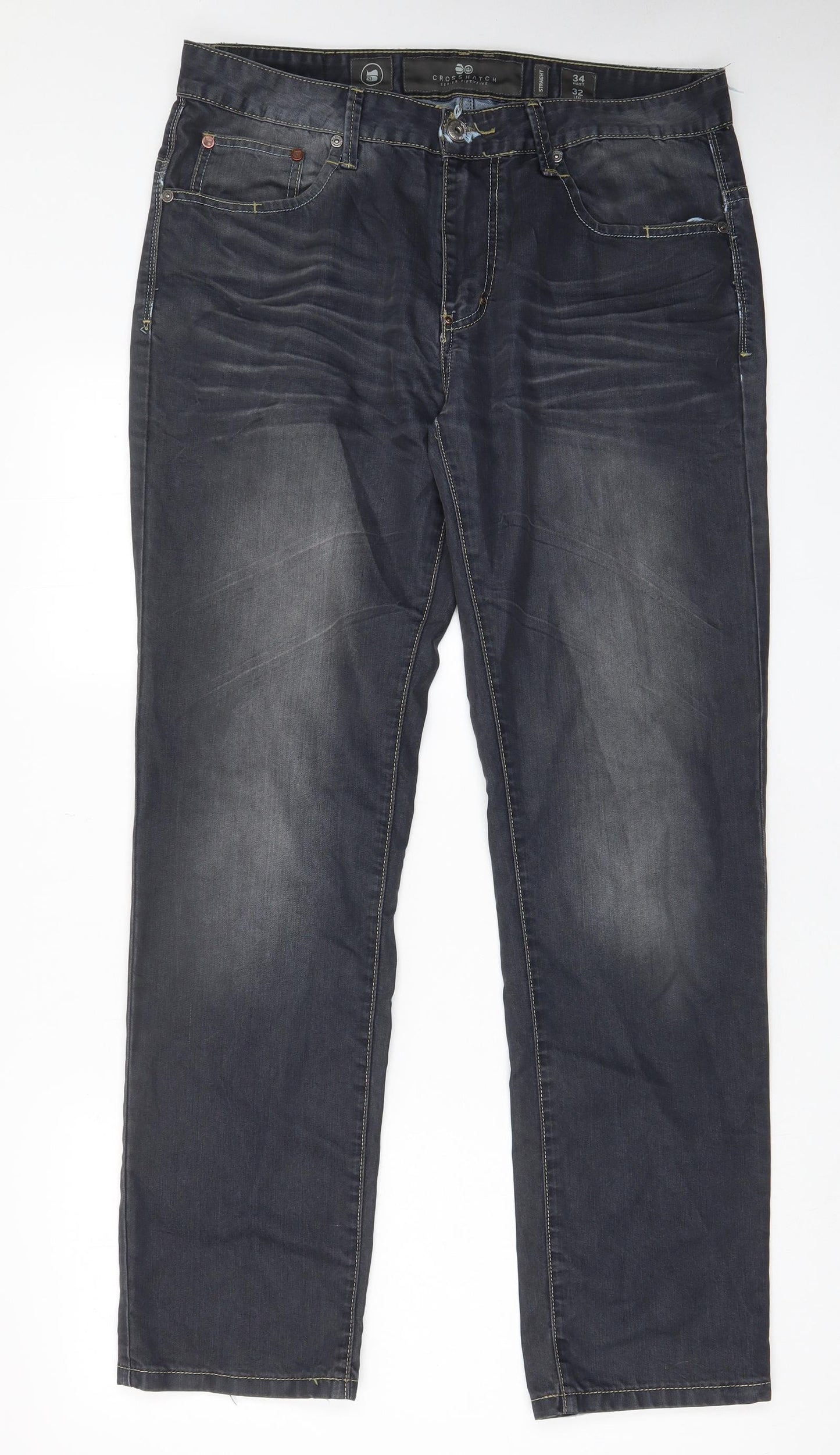 Crosshatch Mens Blue Cotton Straight Jeans Size 34 in L32 in Regular Zip - Pockets, Belt Loops, Logo