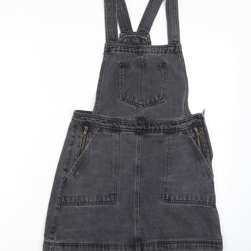 Denim & Co. Womens Grey Cotton Pinafore/Dungaree Dress Size 10 Square Neck Zip - Pockets, Zips