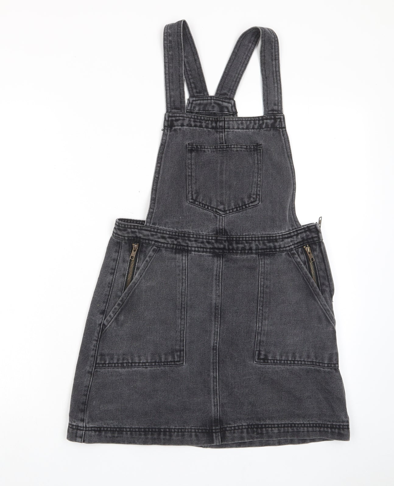 Denim & Co. Womens Grey Cotton Pinafore/Dungaree Dress Size 10 Square Neck Zip - Pockets, Zips