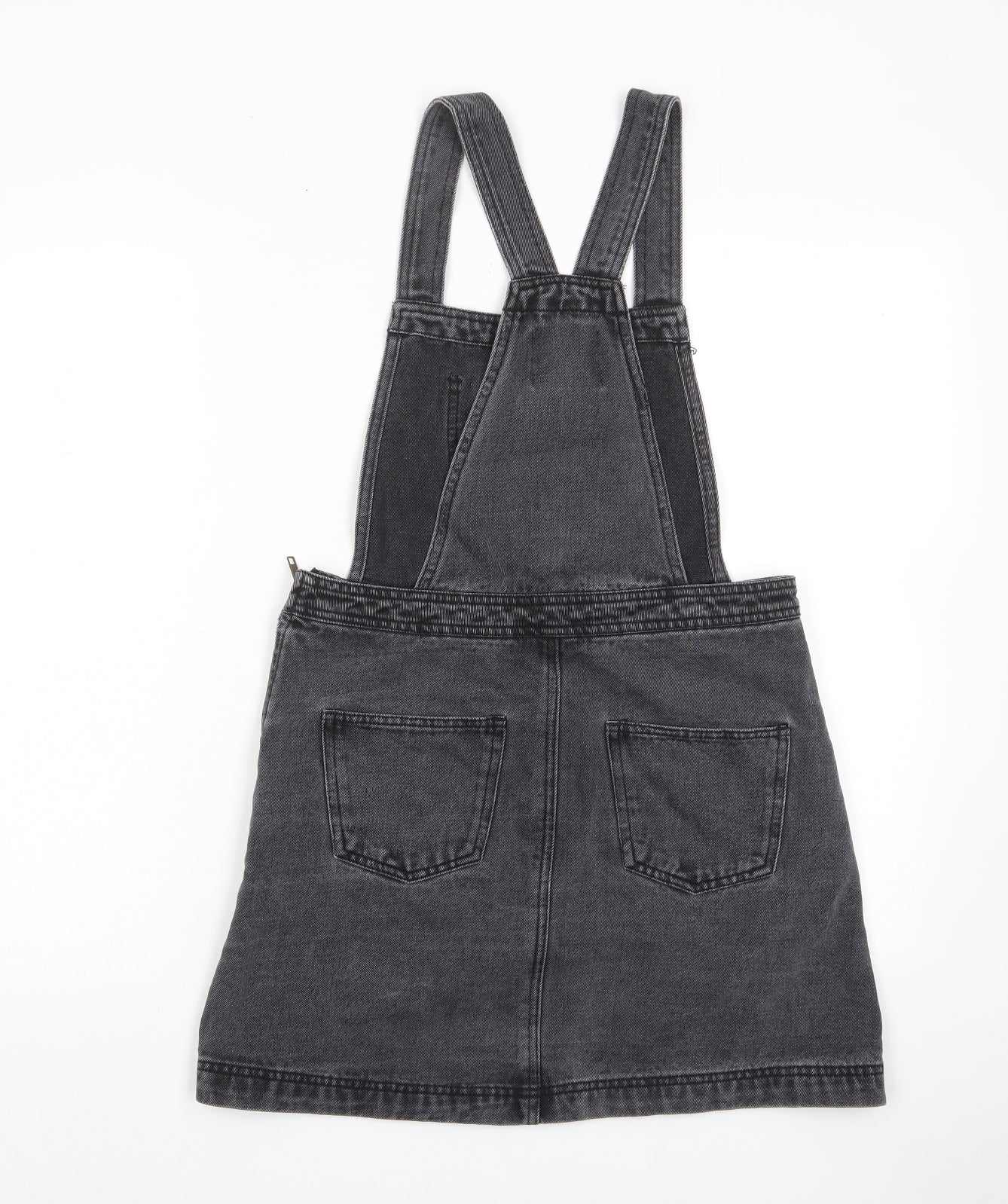 Denim & Co. Womens Grey Cotton Pinafore/Dungaree Dress Size 10 Square Neck Zip - Pockets, Zips
