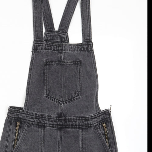 Denim & Co. Womens Grey Cotton Pinafore/Dungaree Dress Size 10 Square Neck Zip - Pockets, Zips