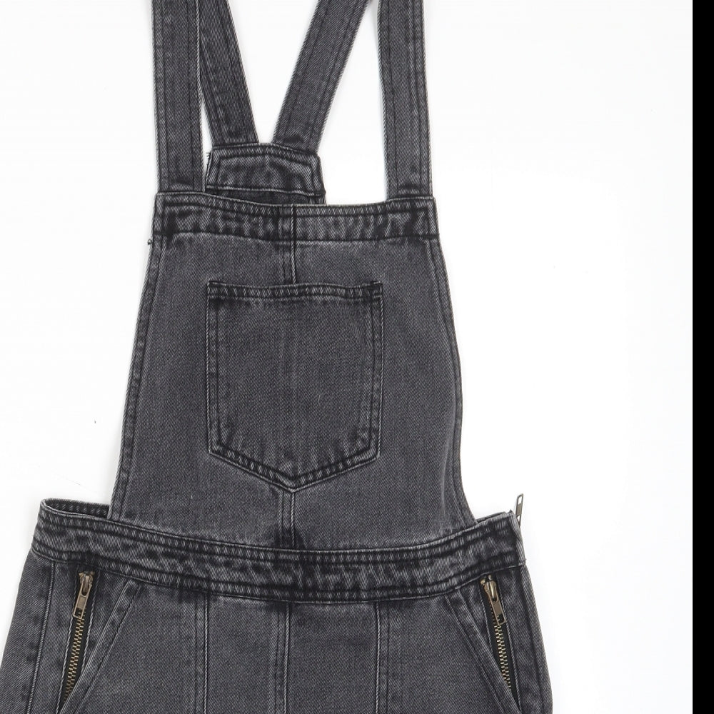 Denim & Co. Womens Grey Cotton Pinafore/Dungaree Dress Size 10 Square Neck Zip - Pockets, Zips